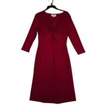Kasper Midi Dress Womens 6 Solid Deep Red 3/4 Sleeve V Neck Silky Knit Stretch