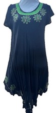 Women’s One Size Crinkle Dress Black Green Embroidered Boho Beach Cover Up