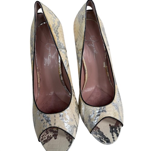Gwyneth Snakeskin Peep Toe Heels Cream Silver Metallic Heart Cutout Pumps 9M - Bild 8 von 9
