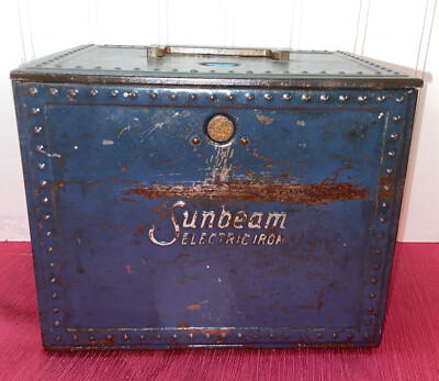 Vtg 1930-40 s SUNBEAM Electric Iron Metal Storage Box Stash Tin Can Tricky Open