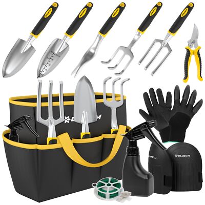 BLOSTM 11-teiliges Gartengeräte-Set Handgabel Unkrautstecher Rechen Schaufel Kelle Tasche