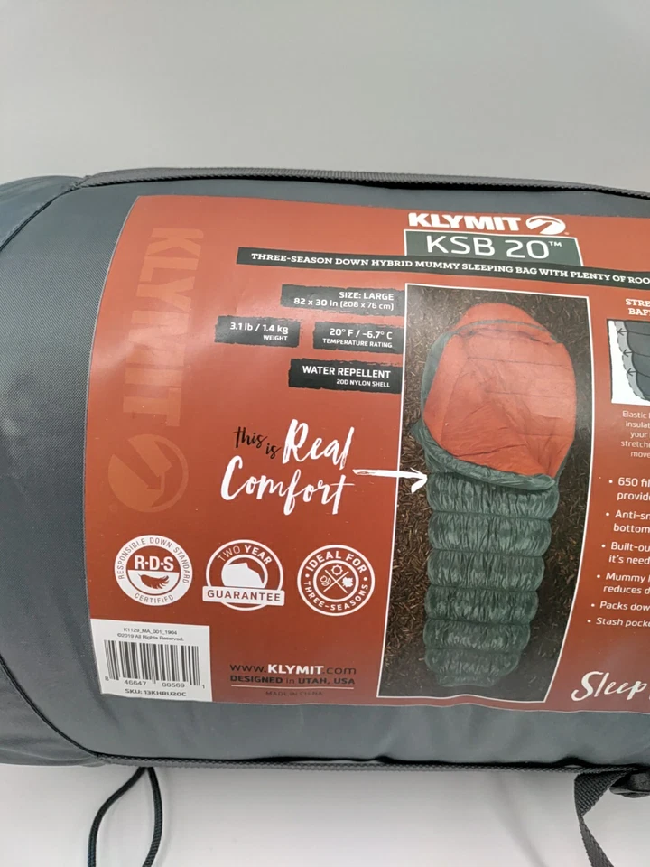 Klymit KSB Sleeping Bag 20 Degrees Rust Red/Grey Large 13KHRU20C - Image 2 of 4