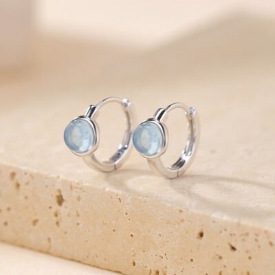 N02 Round Blue Aquamarine Sterling Silver 925 Hoop Earrings