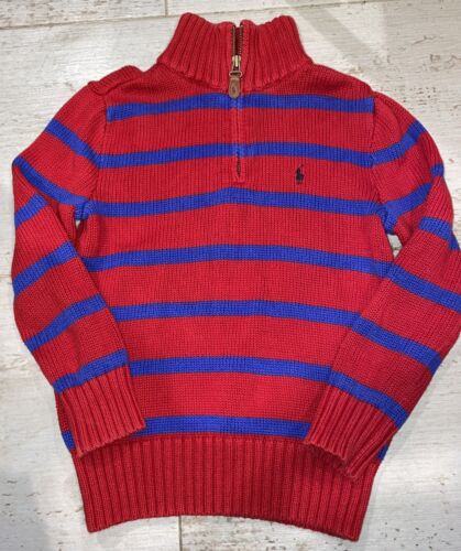 Boys Kids Polo Ralph Lauren Red Blue Striped 1/4 Zip Sweater Size Child 7 - Picture 1 of 3