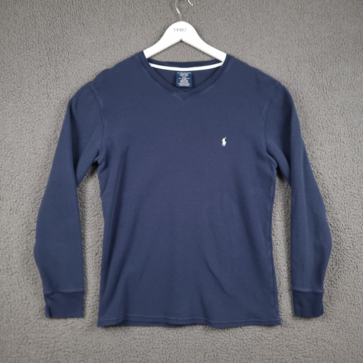 POLO RALPH LAUREN T Shirt Men M Medium Waffle Knit Thermal Long Sleeve V  Neck