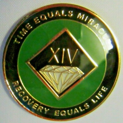 Narcotics Anonymous AA NA Green Gold 14 Year Recovery Medallion Coin Chip