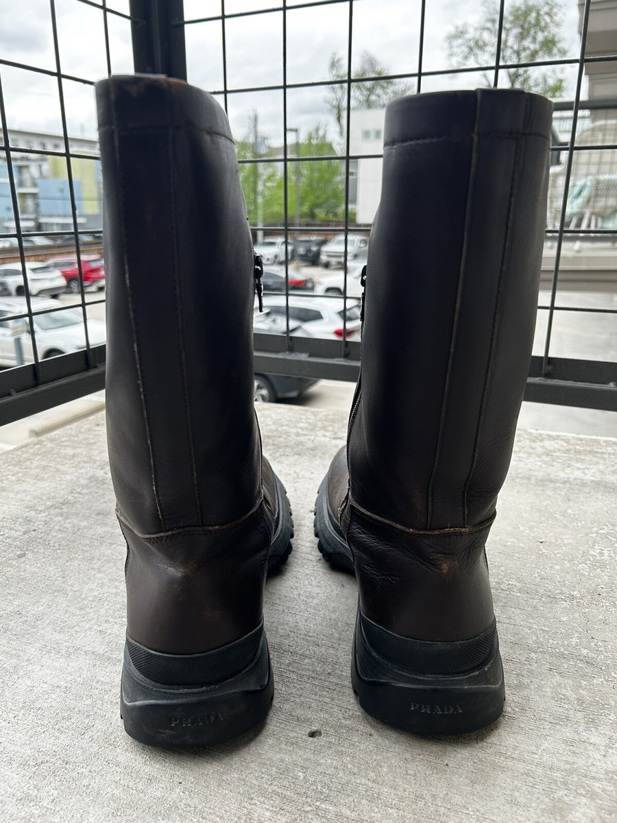 PRADA Brown Leather Cold Weather Shearling Lined Biker Combat