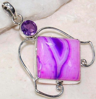 Natürlicher rosa Botswana Achat & Amethyst 925 massiv Sterlingsilber Anhänger @B15-7