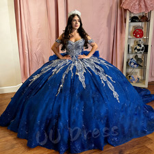 Royal Blue Quinceanera Dresses with Bow Off Shoulder Slivery Luxury Ball Gowns