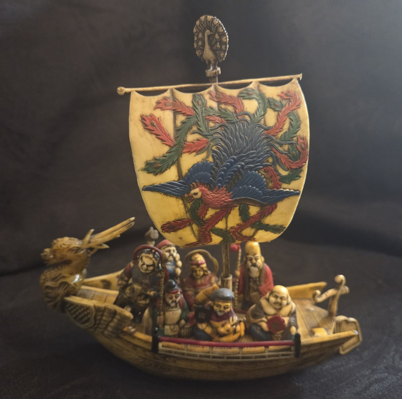 Vintage Carved Sailboat Figurine w/ Dragon Sail & Crew, Painted Sail