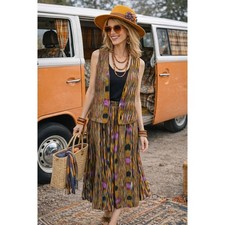 Vintage Ikat Skirt  Vest Set Boho 70s Sleeveless Layered Festival Outfit