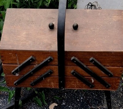 Vintage Sewing Box Wood 3 Tier Accordion w/ Legs Dovetailed Basket Clean