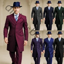 British Pinstriped Men's Suits Peak Lapel Formal Wedding Groom Tuxedo Long Coat