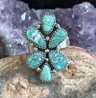 White Water Turquoise Cluster Southwestern Sterling Silver Ring 