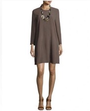 Eileen Fisher Bracelet-Sleeve 100% Silk Georgette Shift Dress Brown Lagenlook
