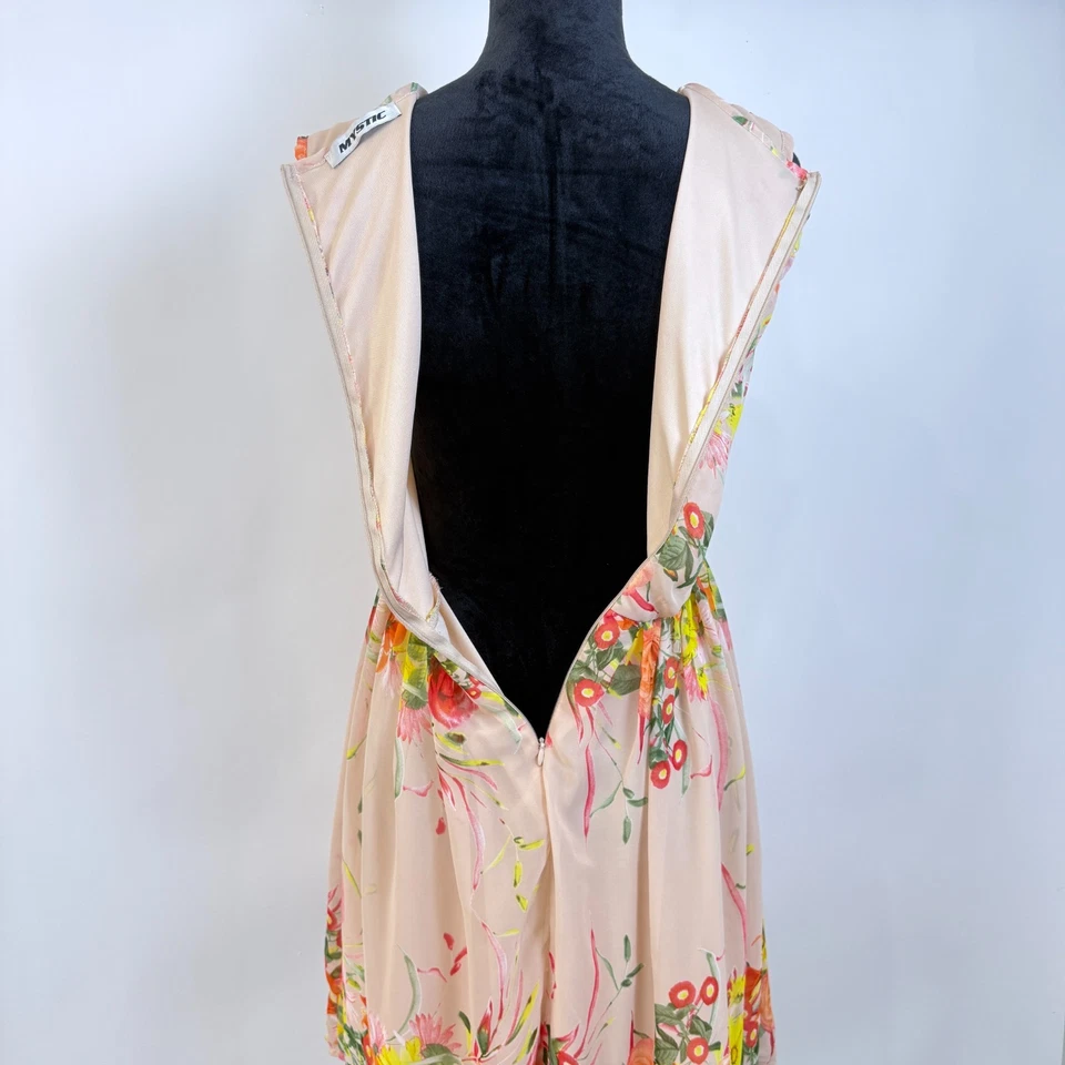 Floral Chiffon Fit and Flare Dress Size Small? Peach Sheer Details Feminine Y2K - Image 4 of 4