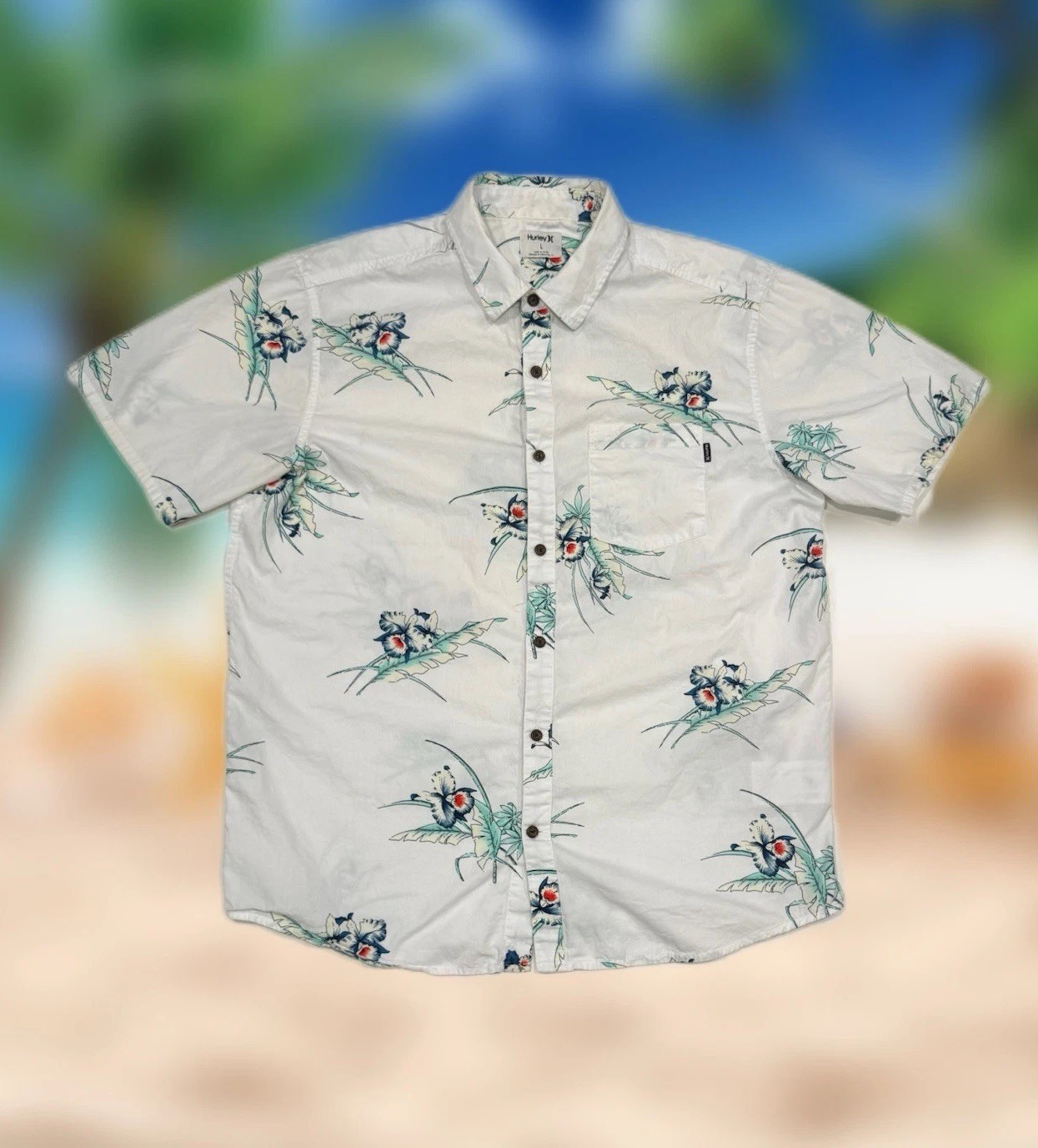 Hurley Floral Hawaiian Button-Up Shirt Men’s Size Large White Short Sleeve