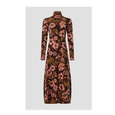 Brown Floral Mock Neck Long Sleeve Midi Dress A-Line Pink Yellow Women