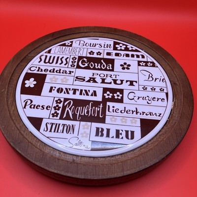 Vintage Saltera Round Wood & Tile Cheese Board 70 s Boho Charcuterie Typography
