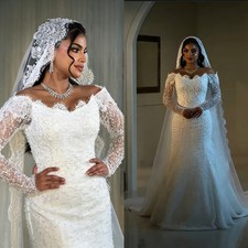 Off Shoulder Mermaid Wedding Dress Long Sleeve Lace Beaded Bridal Gown Muslim