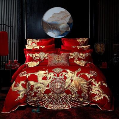 Chinese Wedding Bedding Set Embroidery Duvet Cover Bed Sheet Pillowcases 4/6pcs