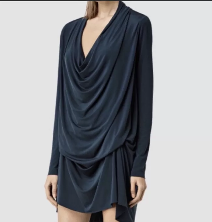All Saints Amei Cowl Neck Teal Drape Long Sleeve Dress Adjustable Ties Size 0