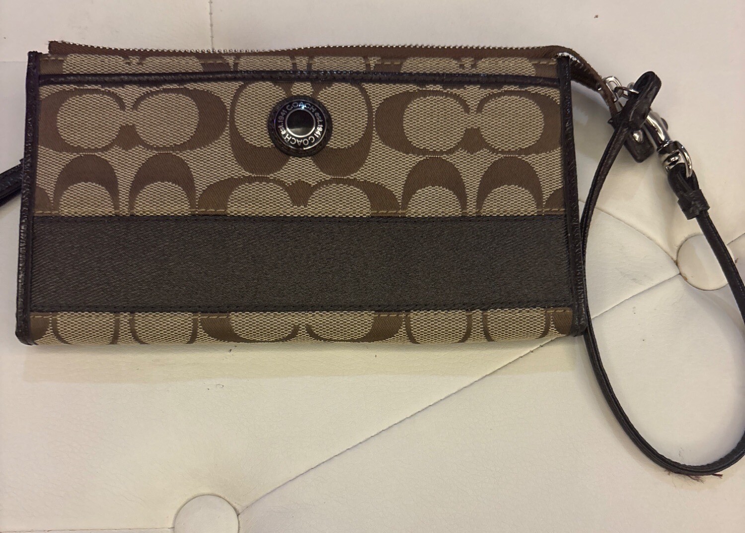 Coach Signature Canvas Wristlet with Brown Leather Trim & Detachable Strap