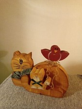 Hand Painted Wooden Cat With Kitten And Bird 7in Long 4 In High