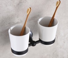Two Ceramic Cups Bathroom Oil Rubbed Brass Wall Mount Toothbrush Holder 2ba859