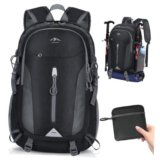 Hiking Backpack 40L Lightweight Packable Camping Backpack Waterproof Black-image