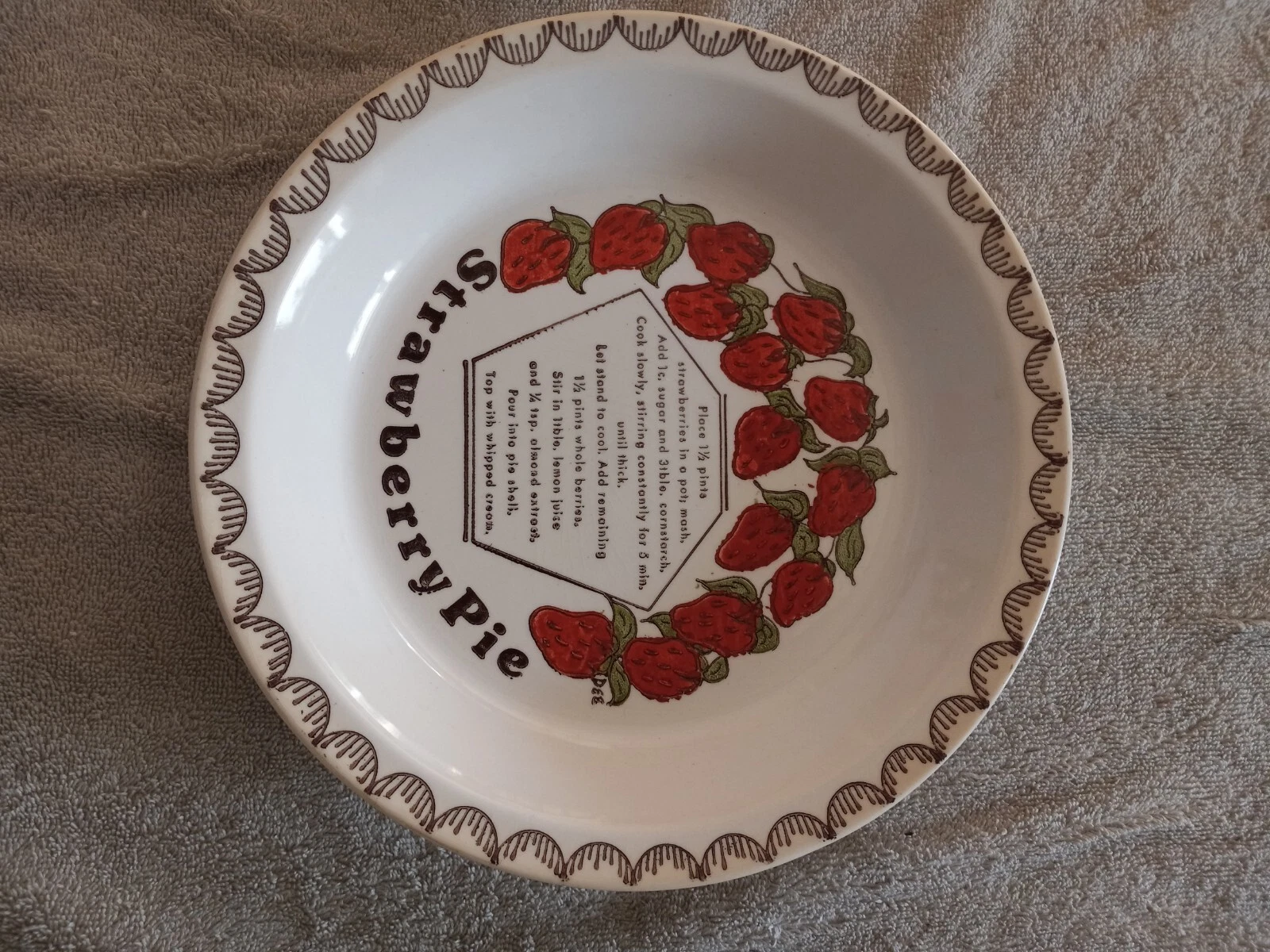 Rare Vintage Strawberry Theme Ceramic Pie Plate with Recipe