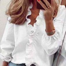 Women's Vintage Ruffle Blouse – Long Sleeve, V-Neck, Elegant Cotton Shirt, Offic