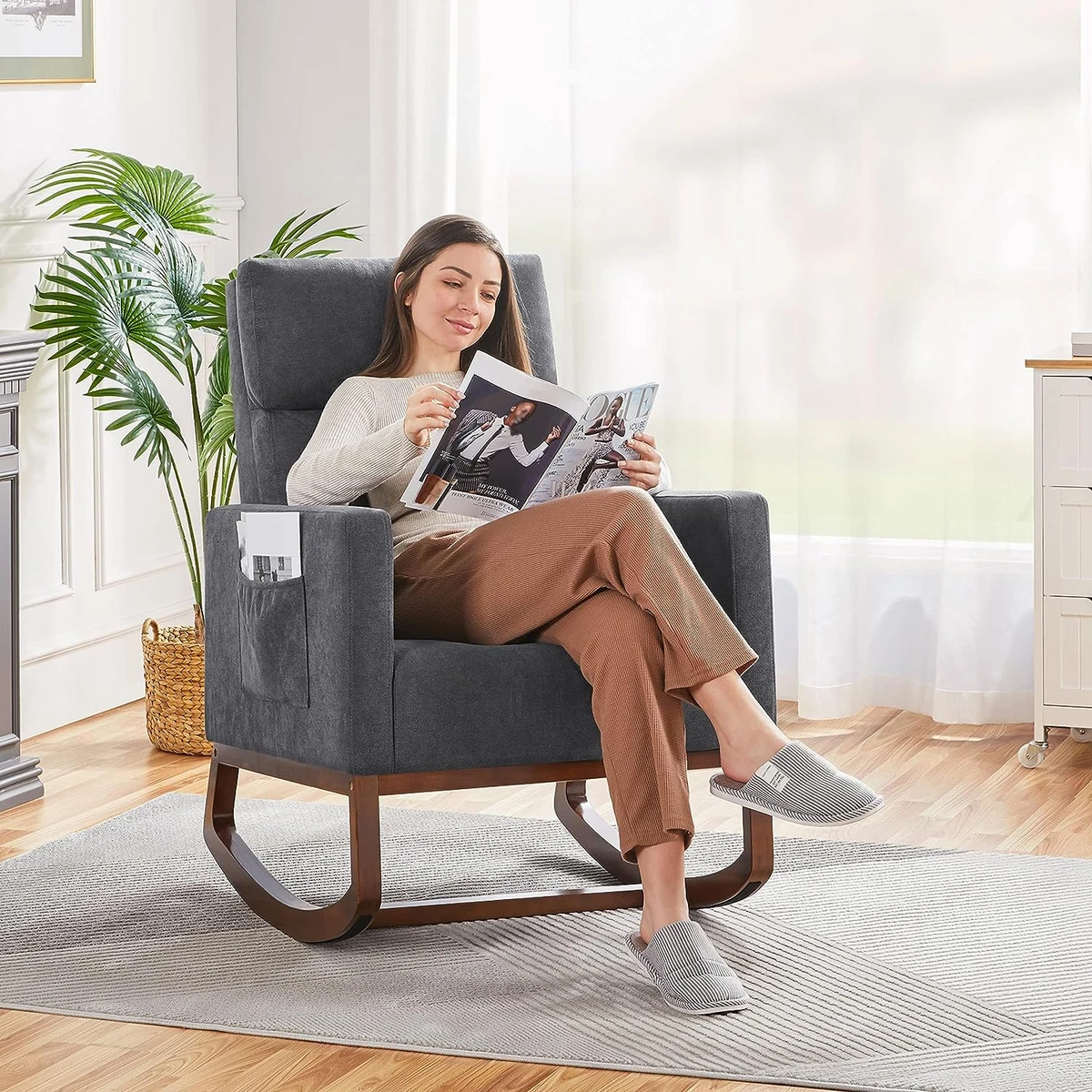 Rocking Chair Nursery Upholstered Glider Chair with Rubber Wood