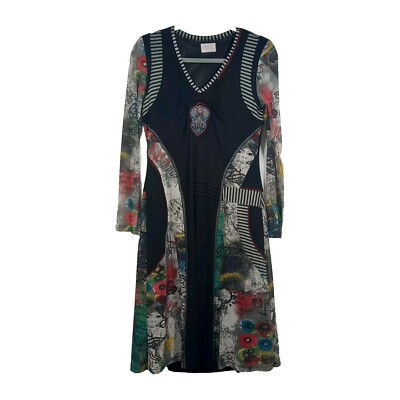 Libra Black Dress A Line Size 12 14 Midi Art Print Mesh Sleeves UK