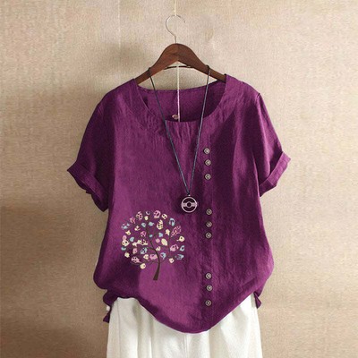 Women's Retro Plus Size Casual Loose Cotton-linen Tshirt