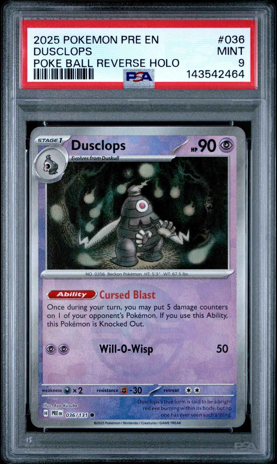 2025 POKEMON PRE EN-PRISMATIC EVOLUTIONS POKE BALL REVERSE HOLO DUSCLOPS PSA 9
