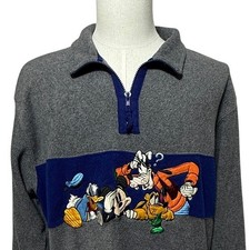 Vintage Disney Fleece Men Medium Gray 1/4 Zip Mickey Donald Goofy Pluto Pullover