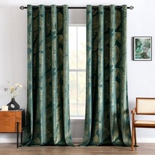 Curtains Velvet with Gold Foil Leaves Pattern 2 Piece Dark Green Curtains with Eyelet...