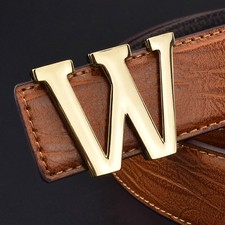 Men Waist Belt Genuine Leather Wide Strap Gold Letter Buckle Smooth Black Belts