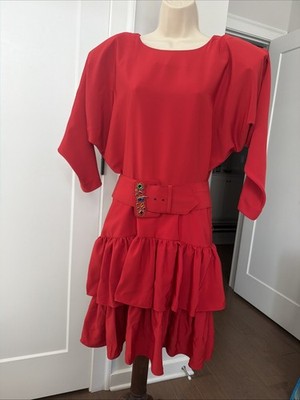 MINT 80s Susan Roselli Vijack Red Tiered Ruffle Jeweled Wide Belted Dress 6/8 M