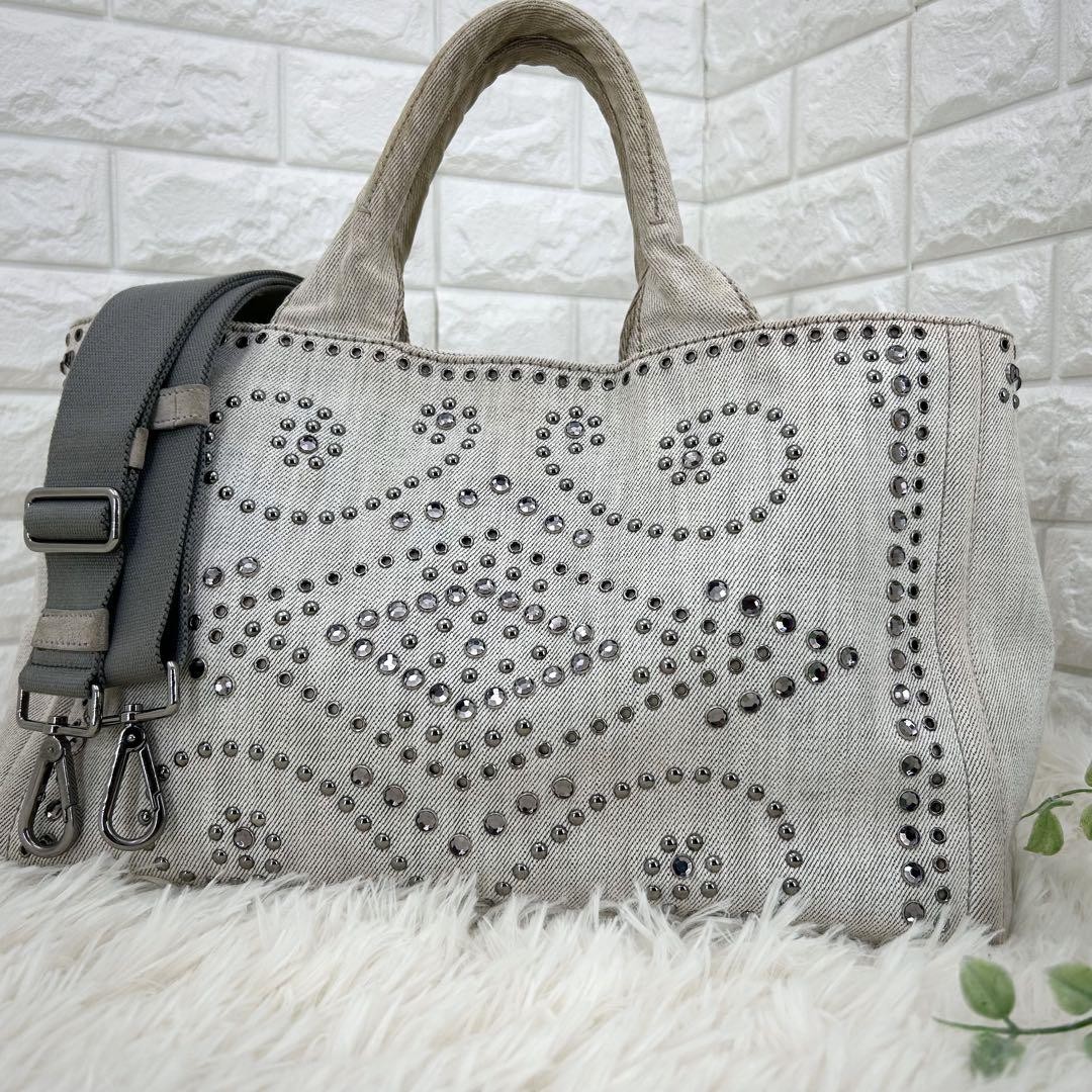 Prada Canapa Canvas Rhinestone Tote Bag 2-Way Handbag