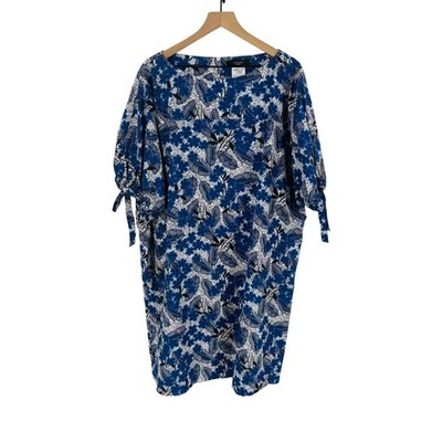 Weekend Max Mara Blue Floral Cotton Shift Dress Tie Sleeves Size 14 Resortwear