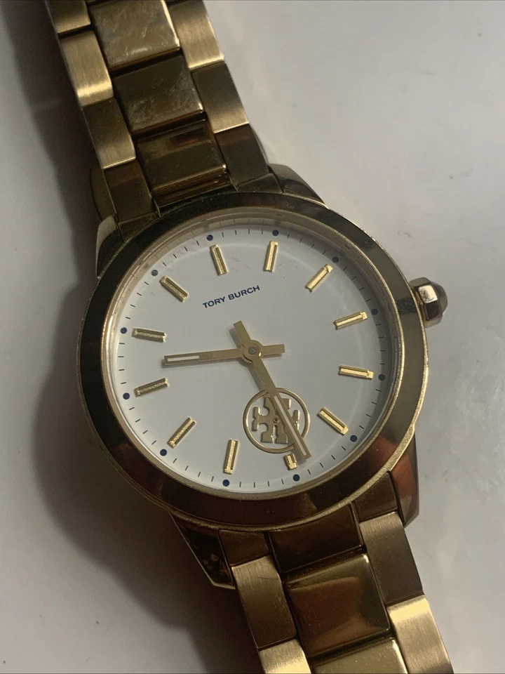 Near Mint Tory Burch Yellow Gold Collins White Dial Watch TBW1300 Logo 9/10 - Image 2 of 4