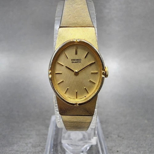 Seiko Watch Women 17mm Gold Dial Gold Tone Oval 1400-5219 New Battery VTG