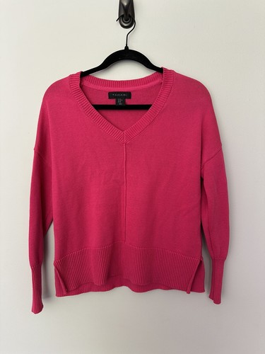 Tahari Womens Cotton Knit V-Neck Long Sleeve Pullover Sweater Top Pink Size XS