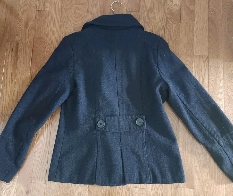 Outer Edge Hooded Pea Jacket BLACK GRAY Double Breasted Pockets Lined Size Large - Image 2 of 4