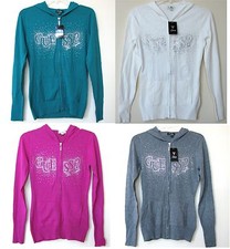 NEW GUESS GREEN+WHITE+MAGENTA+GREY,GRAY CRYSTAL RHINESTONE ZIP UP SWEATER HOODIE