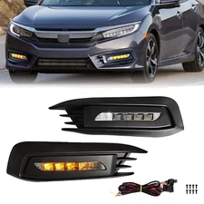 Pair For 2016-2018 Honda Civic LED DRL Fog Light  W/Turn Signal Lamp LH+RH