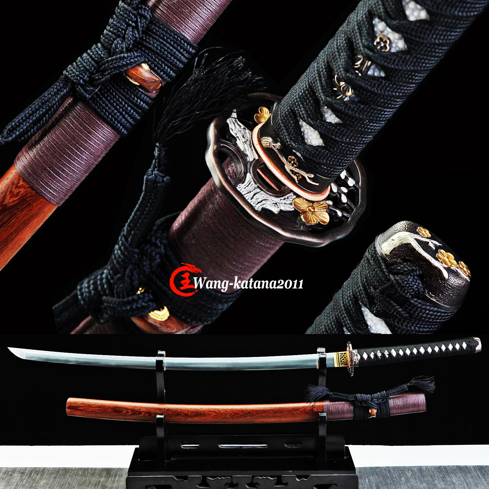 Rosewood Katana Clay Tempered Damascus Folded T10 Japanese Samurai Sword Sharp