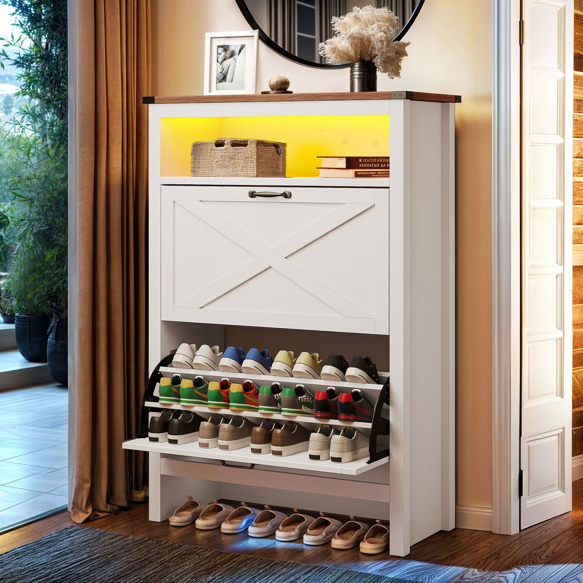 Shoe Cabinet 2 Flip Drawers 24 Pair Rack Bottom Storage Top Shoe Cabinet 2 Flip Drawers 24 Pair Rack Bottom Storage Top